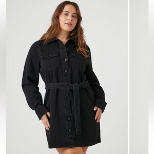 NWT Forever 21 Plus Size Black Denim Long Sleeve Belted Dress